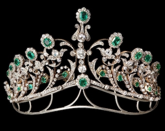 Wedding Tiara Crown with American Diamond & Emerald, 925 Sterling Silver