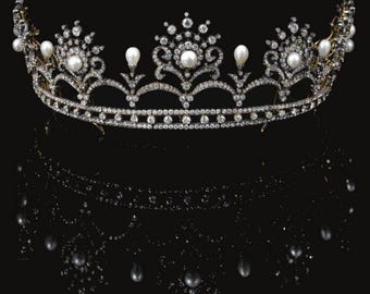 May include: A diamond and pearl tiara with a curved design. The tiara features a series of diamond clusters and individual pearls. The base of the tiara is a row of small diamonds. The tiara is set against a black background.