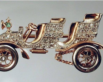 Vintage Car Brooch with Diamonds, 925 Sterling Silver Victorian Diamond Birthday Special