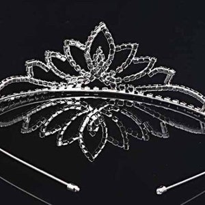 May include: A silver tiara with a floral design and clear rhinestones. The tiara has a flexible headband.