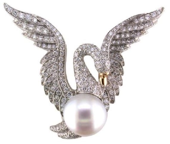 Swan Brooch Studded American Diamond, 925 Sterling Silver