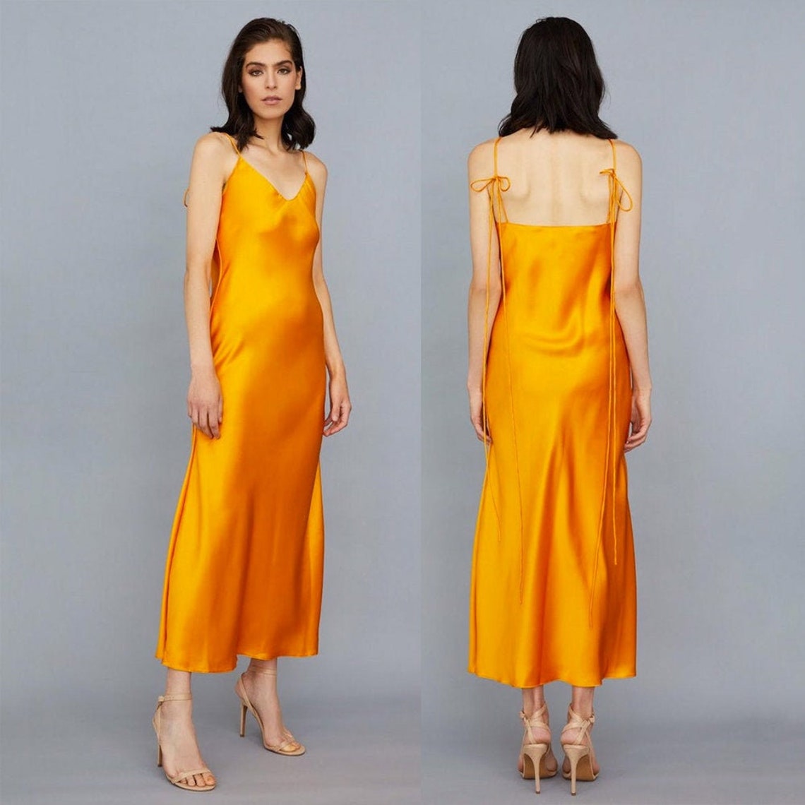 Orange Silk Satin Long Dress Silk Bridesmaid Dress Silk Etsy