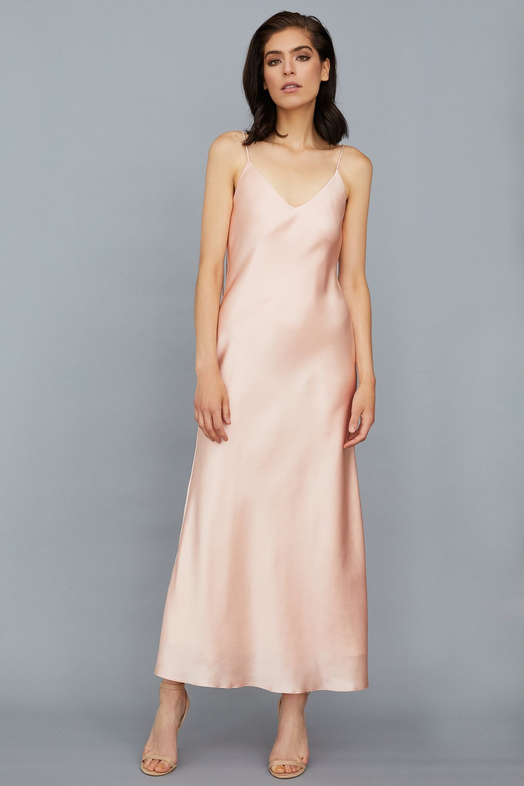Blush Maxi Silk Satin Slip Dress Wedding Guest Dress Etsy