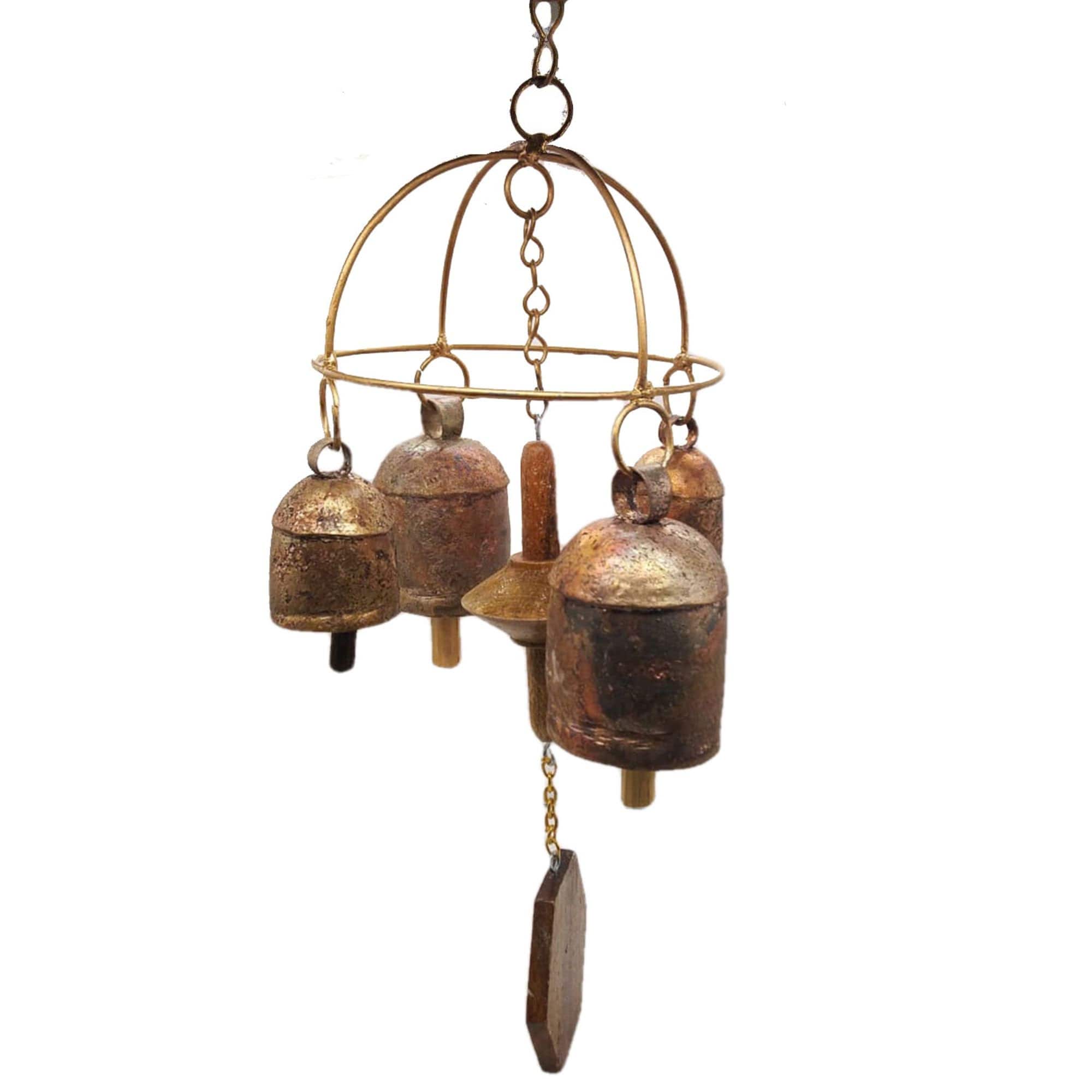 India Meets India Vintage Handmade Brass Wind Chime Hangings Antique Distressed Finish by Indian Artisans (4 Bells)