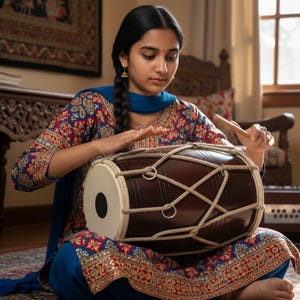 Op de afbeelding: Een persoon speelt op een dhol-drum, een traditioneel Indiaas percussie-instrument. De bruine trommel wordt met een houten stok bespeeld. De persoon draagt een blauwe en rode geborduurde outfit.