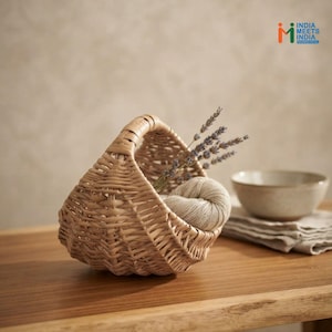 May include: A light brown woven wicker basket with a single arched handle, containing a ball of beige yarn and several sprigs of dried lavender. The basket features a diagonal weave pattern and is positioned on a smooth wooden surface.