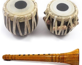 India Meets India Handmade Miniature Musical Instrument Set - Clarinet 8.5" and Tabla Drum 4" [Mango Wood - BROWN & YELLOW]