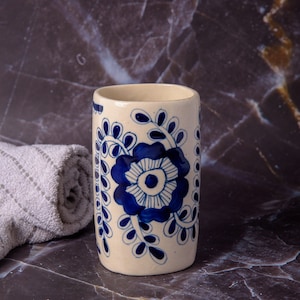 India Meets India Ceramic Toothbrush Holder [White w/ Blue Floral], Ceramic Toothbrush Holder Stand for Bathroom, Sinks.
