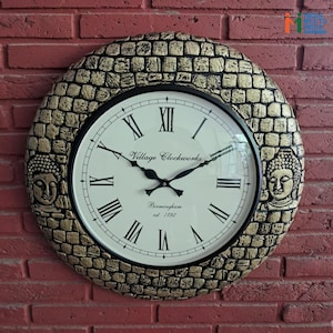 Handmade Buddha Wall Clock | Antique Gold Stone Finish, Spiritual Living Room Decor