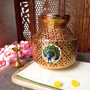 India Meets India Stainless Steel Decorative Pot/Kalash w/ Meenakari Artwork, Decorative Pot/Kalash for Puja/Festivals, 21.5 x 21 CMS