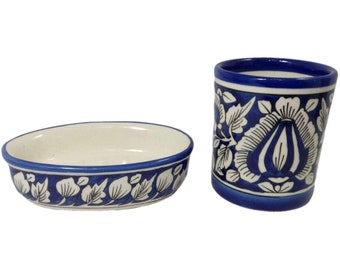 Handmade Ceramic Soap Dish and Toothbrush Holder: Blue Floral Bathroom Set