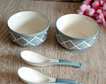 India Meets India Ceramic Bowls w/ Spoons [Blue], Bowls for Cereal | Soup | Pasta | Salad | Dessert | Veggie's | Snacks | Appetizers, 8 oz