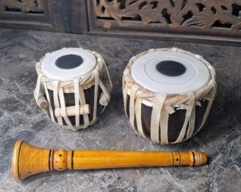India Meets India Handmade Miniature Musical Instrument Set - Clarinet 8.5&quot; and Tabla Drum 4&quot; [Mango Wood - BROWN & YELLOW]