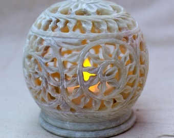 Hand Carved Soapstone Tealight Holder: Floral Home Decor