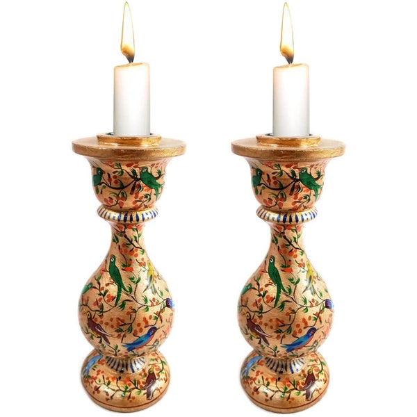 India Meets India Papier Mache Gold Candlestick Holder 6 inches Hand Painted Kashmir Art Decorative Candle Holder Set of 2