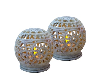 Hand Carved Soapstone Tealight Holder: Floral Home Decor (Set of 2)