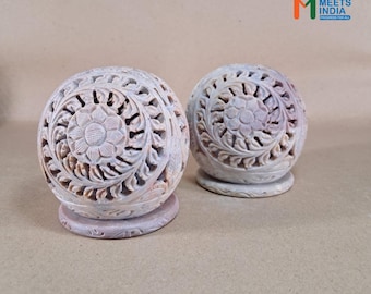 Hand Carved Soapstone Tealight Holder: Floral Home Decor (Set of 2)