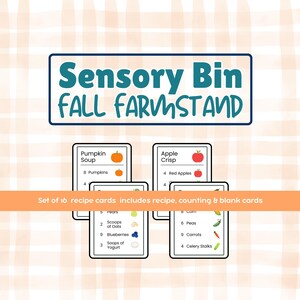 Karty z przepisami na jesienne stoisko z farmą: aktywność sensoryczna w pojemniku z matematyką (format PDF i PNG)