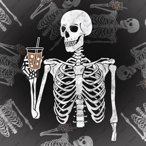 Skeleton drinking coffee, Spiced PNG, Digital Download, Sublimation, Sublimate Fall, Autumn, pumpkin, skeleton, skellie, skull,