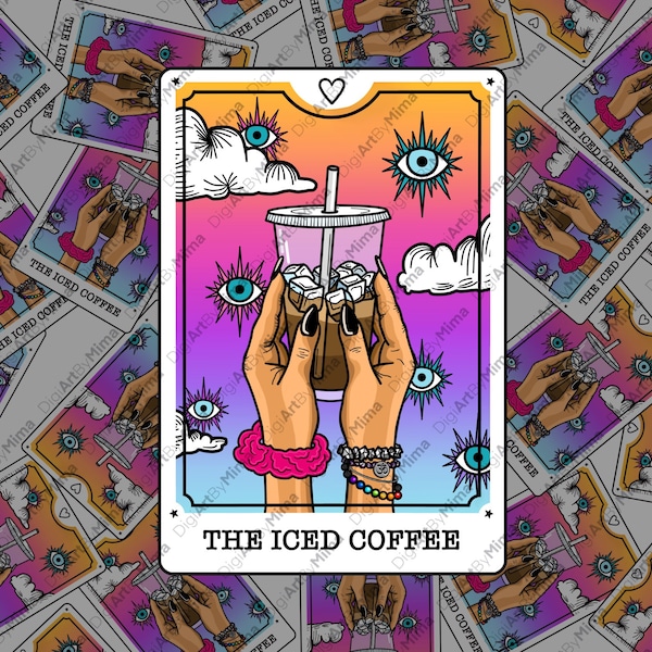 The Iced Coffee Tarot Card PNG, Cool Tarot Card Clipart, Coffee, Iced Coffee printable, Downloadable Coffee Lover