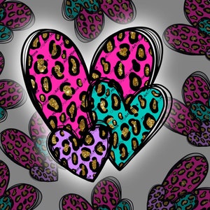 Valentine PNG Design Hand Drawn Digital Download Printable Art Valentine&#39;s Day  Glitter Hearts Cheetah  Leopard | Sublimation