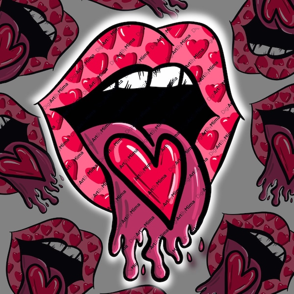 Valentine Lips Rolling Stones inspired PNG, Heart Tongue PNG Lips Clipart Lips  Png Digital Download