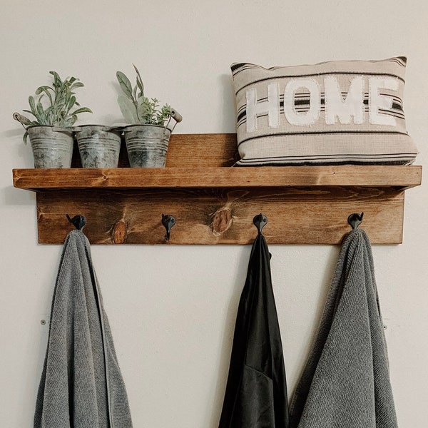 Bathroom Shelf with Towel Hooks entry way shelf laundry room