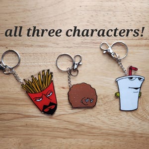 May include: Three character keychains. One keychain features a red french fry container with a face, another a brown meatball with a face, and the last a white milkshake with a face. The text "all three characters!" is above the keychains.
