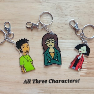 May include: Three character keychains featuring cartoon illustrations. Each keychain has a silver-tone metal ring and clasp. The characters are depicted in color with black outlines. The text "All Three Characters!" is printed below the keychains.