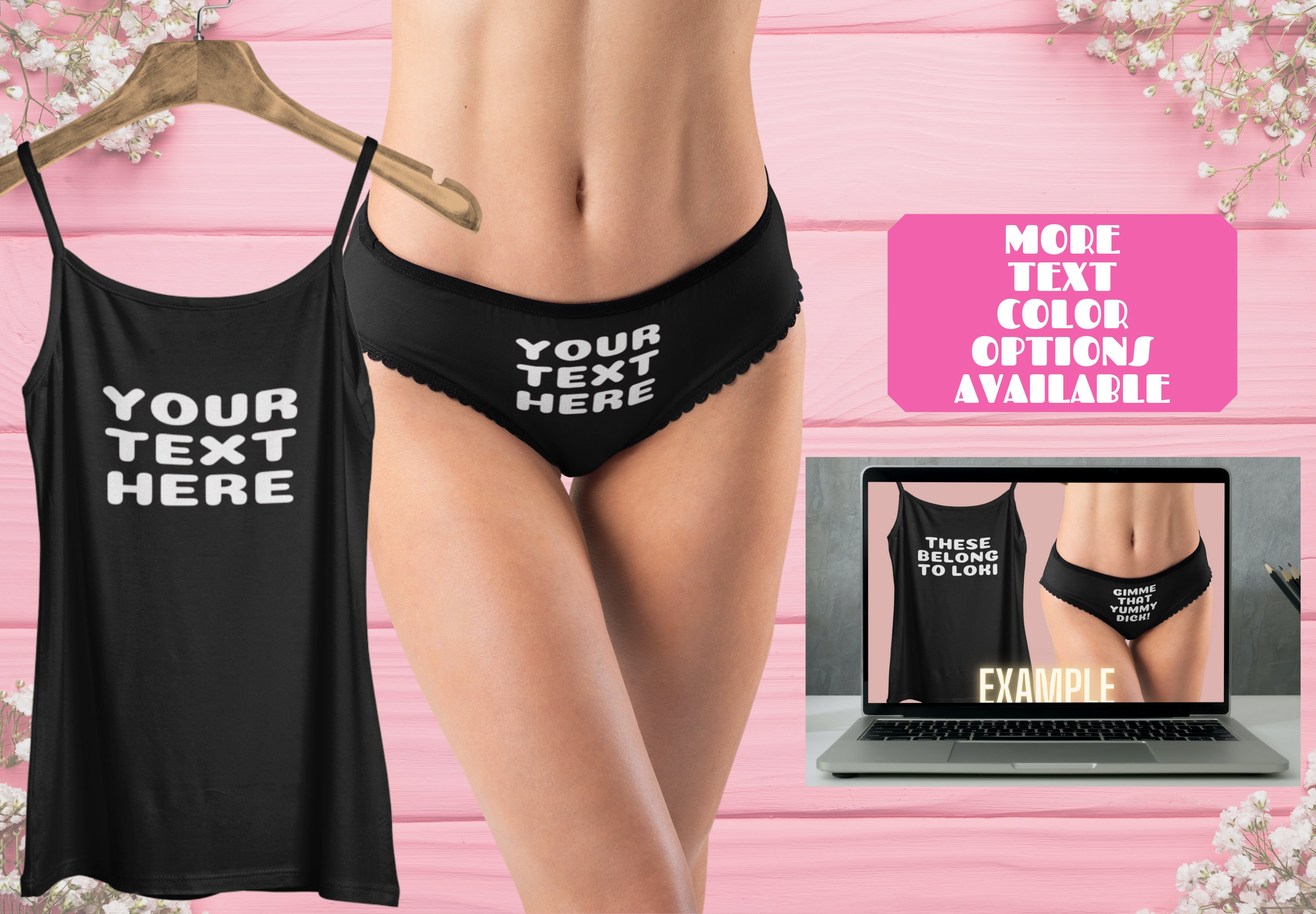 Set Personalized Customized Sexy Black Cami/tank Top With Black Hipster  Panties 