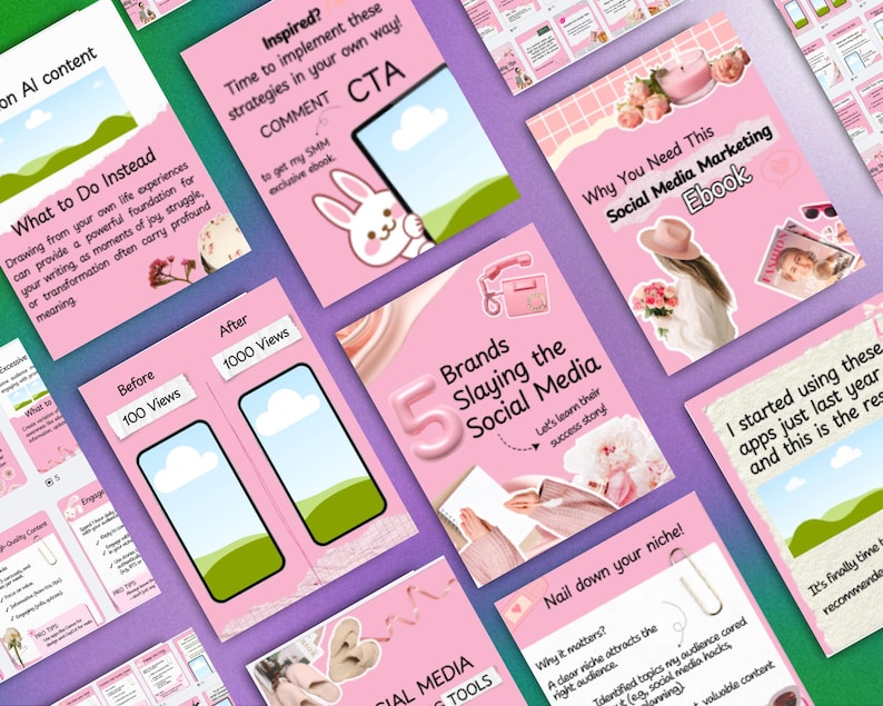 Pink Carousel Templates Canva | 100 Editable Posts | Tik Tok Instagram ...