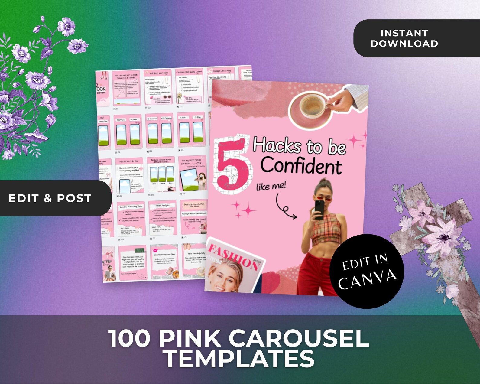 Pink Carousel Templates Canva | 100 Editable Posts | Tik Tok Instagram ...