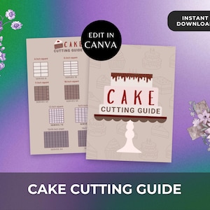 Puede incluir: Una guía para cortar pasteles con diagramas para pasteles cuadrados y rectangulares. La guía incluye tamaños de porciones para diferentes dimensiones de pasteles. La portada presenta una ilustración de pastel de tres niveles y el texto "CAKE CUTTING GUIDE".