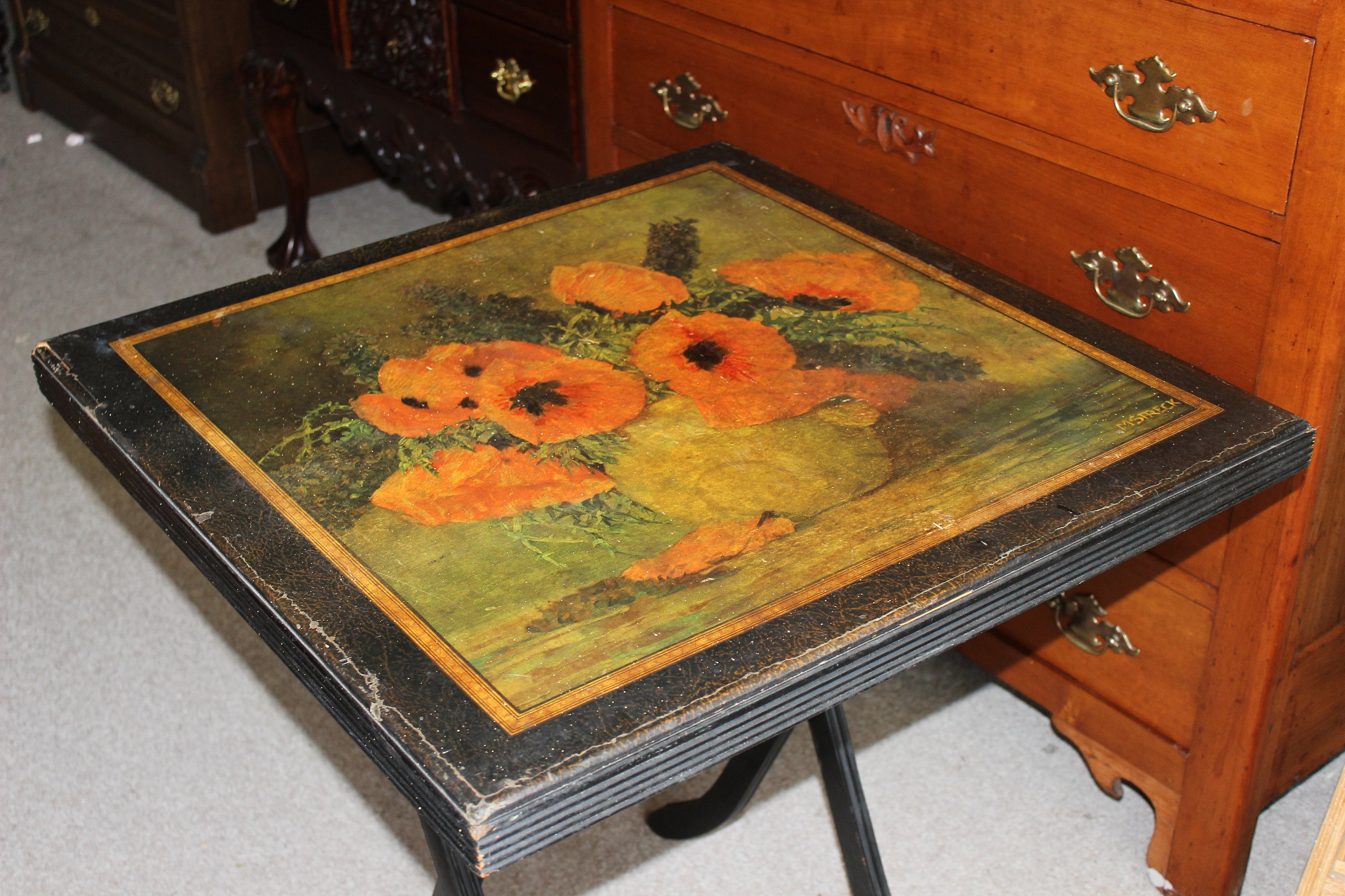 Antique Folding Card Table With Lithograph by Max Streckenbach Etsy