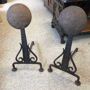 Antique Andirons / Fire Dogs ~ 20.5” Hand Hammered Wrought Iron Circular, FIREPLACE PRIMITIVE