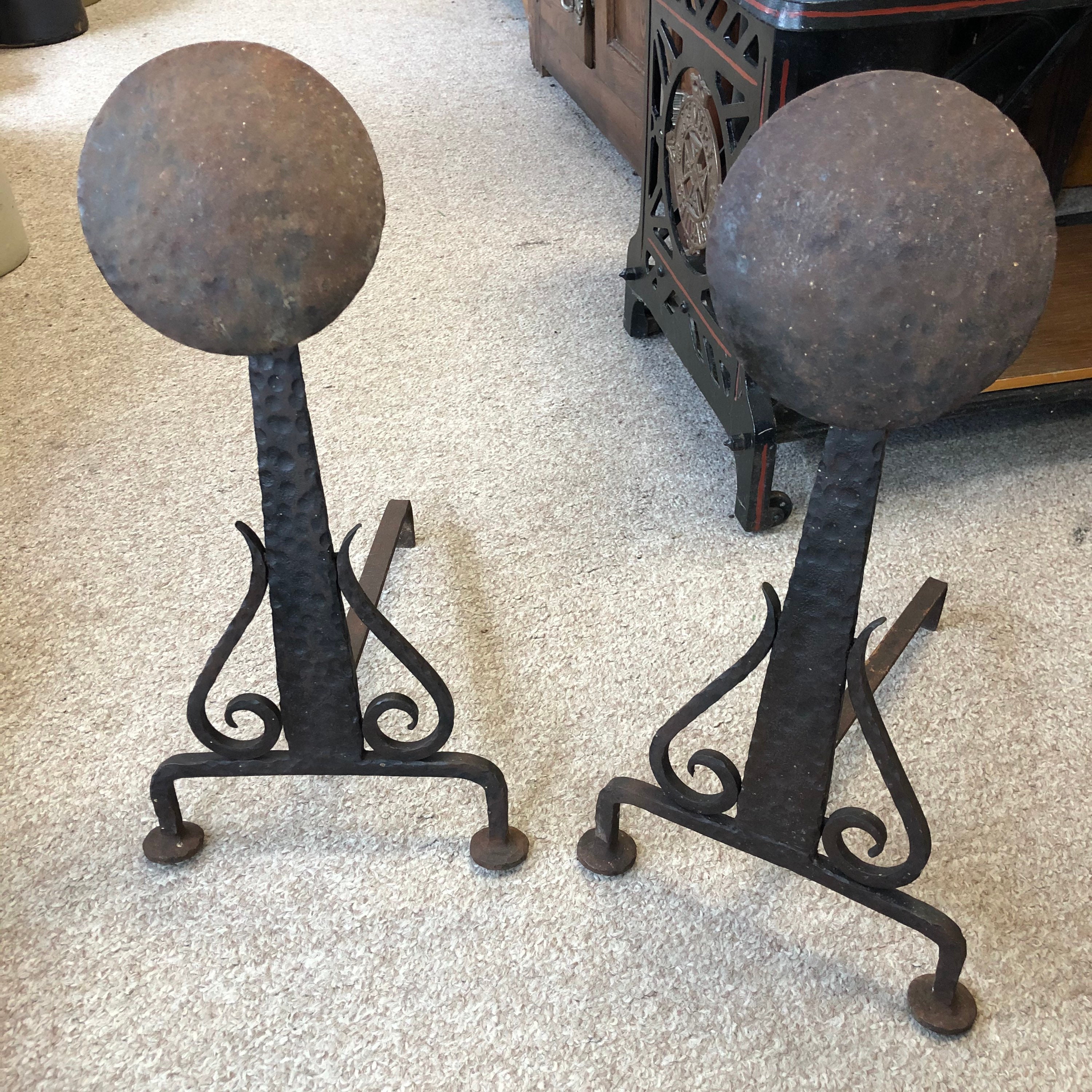 Antique Andirons / Fire Dogs 20.5 Hand Hammered Wrought Iron Circular