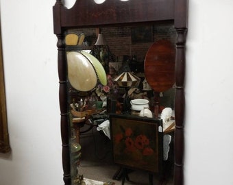 Antique Walnut Turned Silver Back Wall Mirror Scroll Top with Finials ~Very Cool