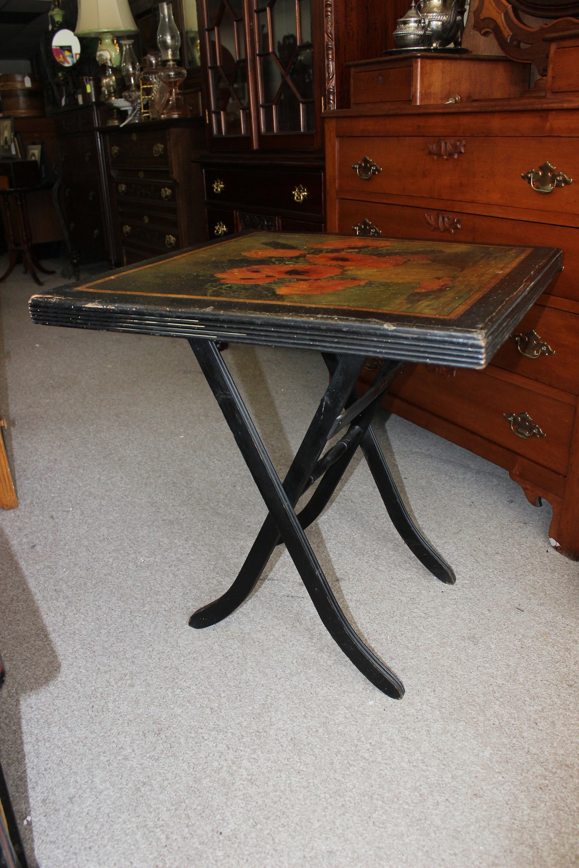 Antique Folding Card Table With Lithograph by Max Streckenbach Etsy