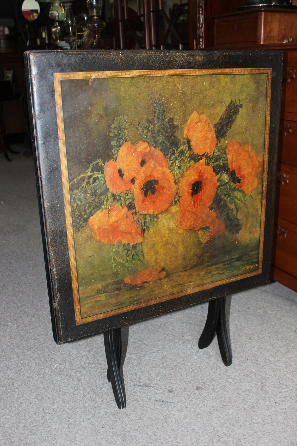 Antique Folding Card Table With Lithograph by Max Streckenbach Etsy