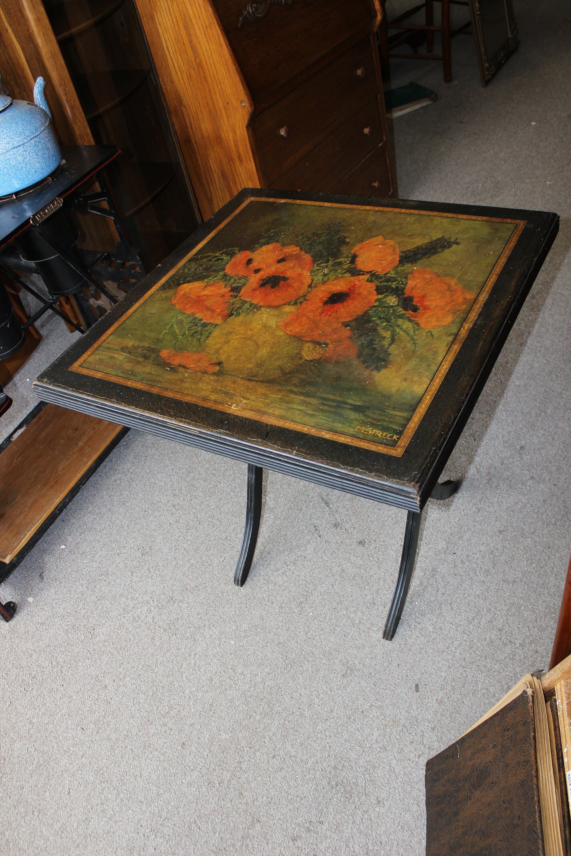 Antique Folding Card Table With Lithograph by Max Streckenbach Etsy