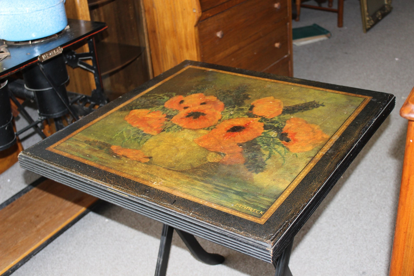 Antique Folding Card Table With Lithograph by Max Streckenbach Etsy