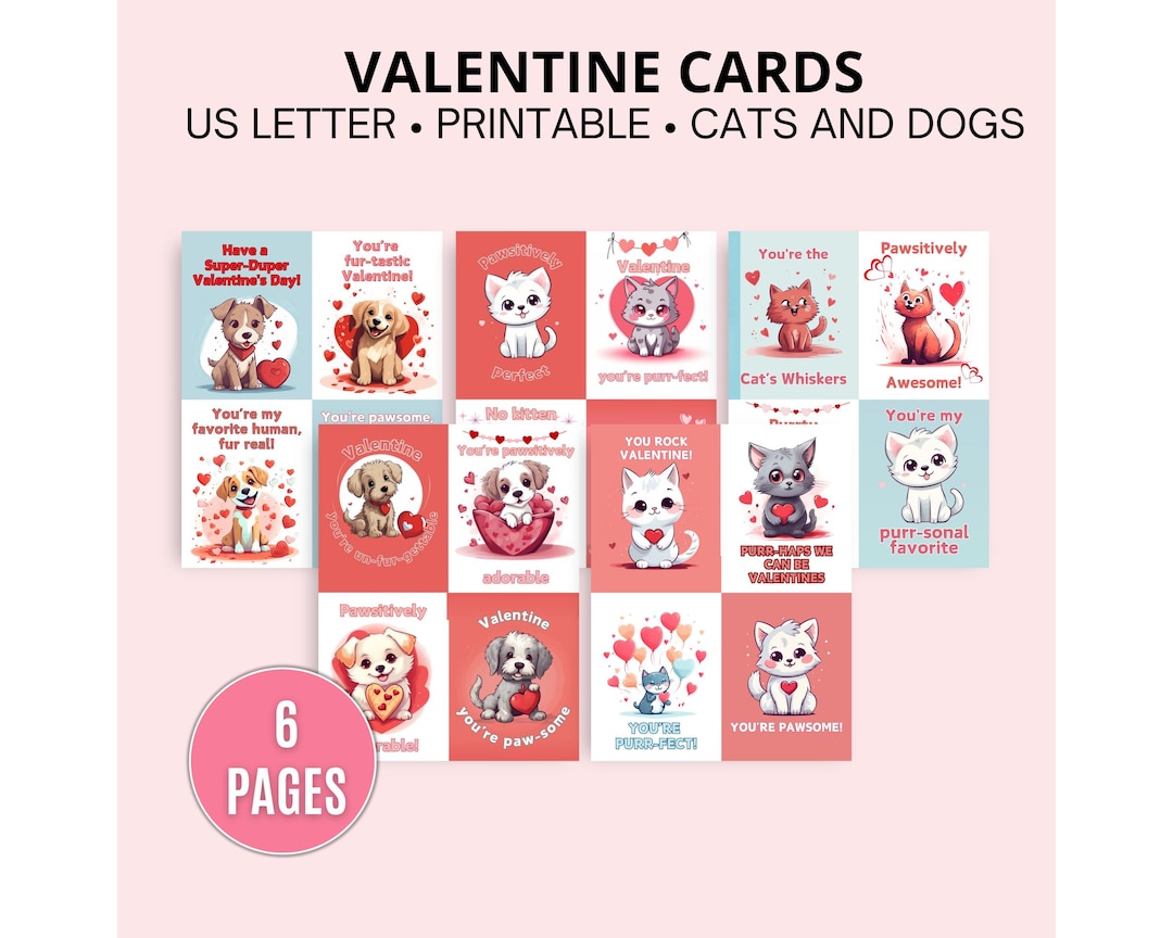 Cat and Dog Valentine Cards, Funny Classroom Valentines (digital ...