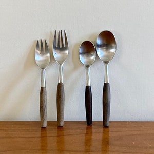 Imitation Dansk Fjord Flatware | Vintage 50s60s Wood Handle Cutlery | Stainless Japan | Retro Danish Modern Style Flatware