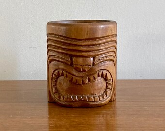 Vintage Hand Carved Wood Tiki Mug: Retro Bar Decor