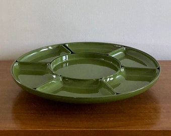 Retro Round Fondue Tray with Bowls | Vintage Divided Serving Tray | Avocado Green Fondue Accessories | Made in Japan | 70s Fondue Party