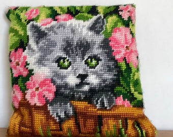 Vintage Needlepoint Cat Pillow: Kitsch Kitty Accent Cushion