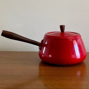 Red Enamelled Fondue Pot: Vintage MCM Aluminum Set, Made in Japan
