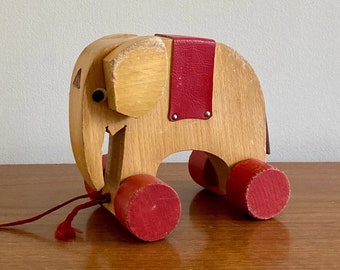 HABA Elephant | Vintage Haba Pull Along Elephant | Vintage Wood Elephant | Retro Pull Toys | Vintage Nursery Decor | 60s Kids Toys