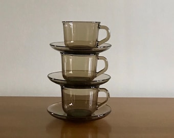 Vintage Arcoroc France Smoky Brown Glass Tea Cup Set (3)