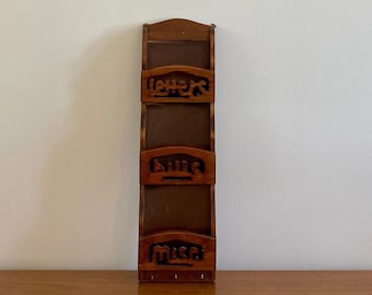Vintage Carved Wood Wall Mount Mail Holder: 70s Retro Decor